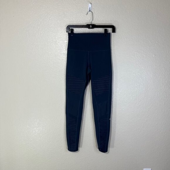 ALO Yoga Leggings Womens Small Moto Blue Gray Mesh Panel Logo Gym Workout - Picture 1 of 6